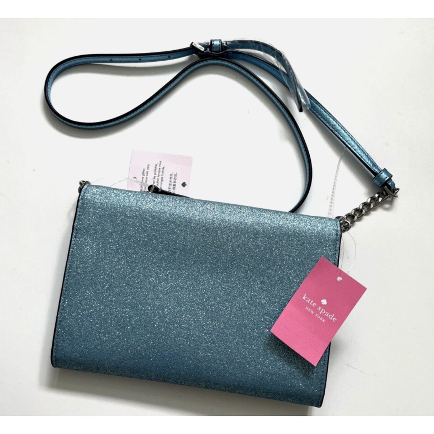 Kate Spade New York Glitter Fabric Frosty Sky Blue Tinsel Flap Crossbody K9336