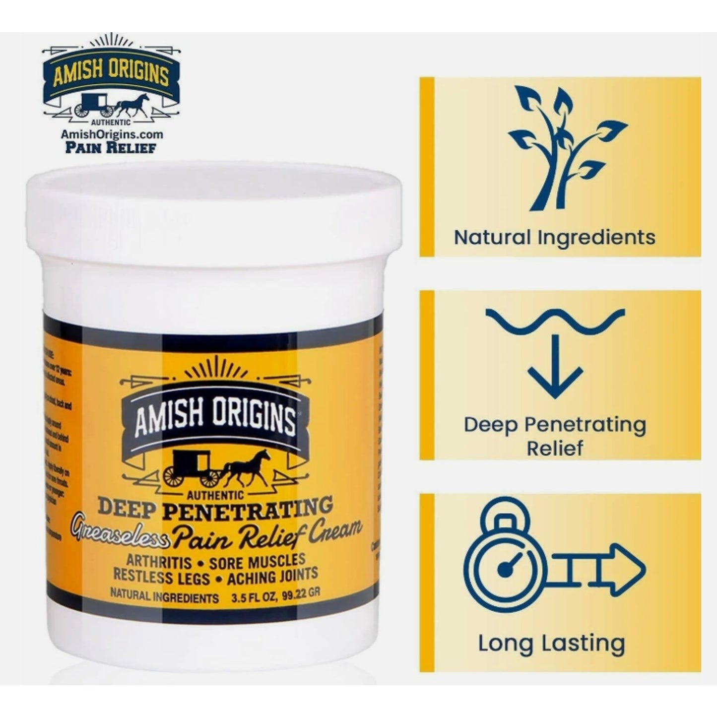 Amish Origins Deep Penetrating Pain Relief Cream Restless Legs Arthritis 3.5 oz