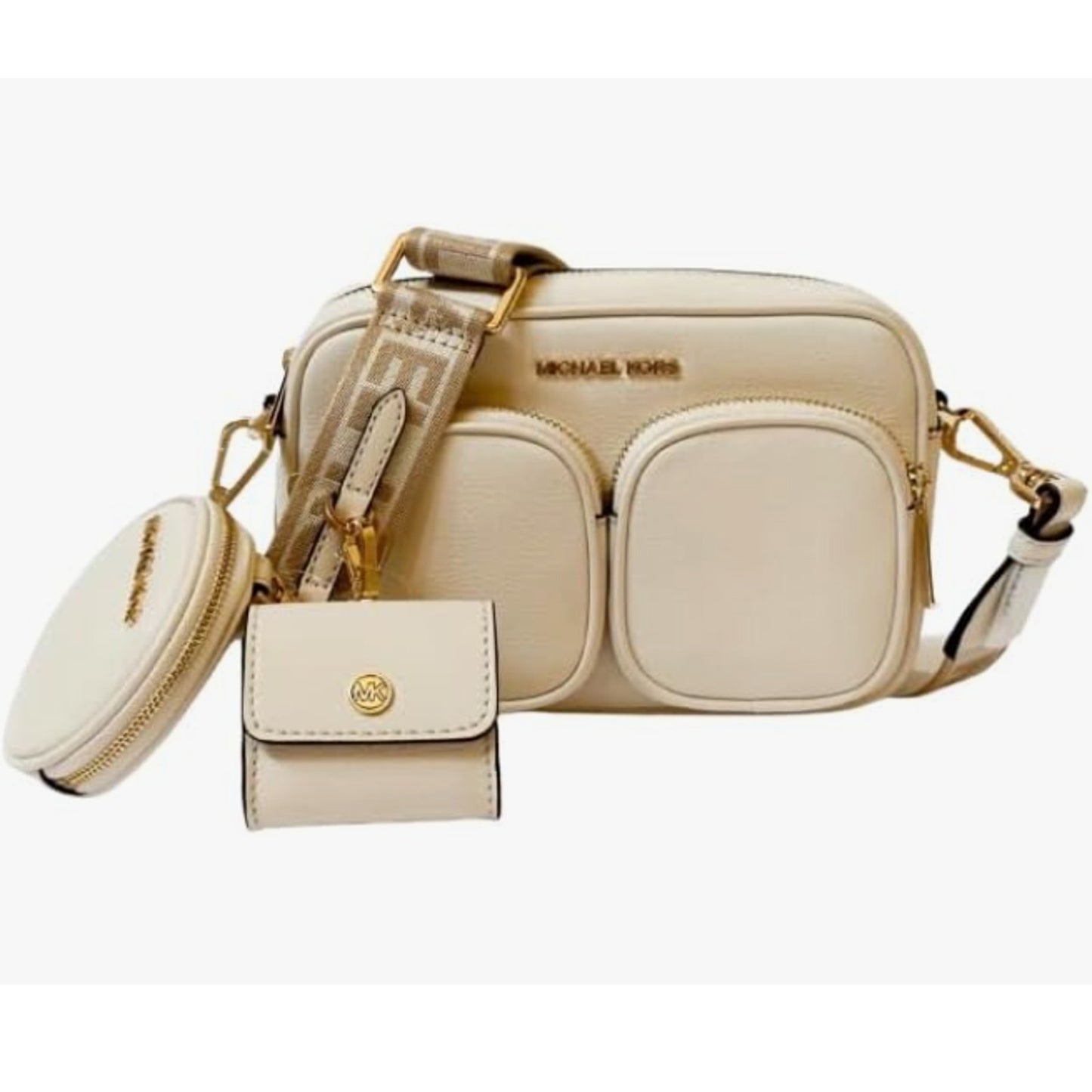 Michael Kors Jet Set Medium Crossbody Leather Bag Tech Attached (Lt Cream)
