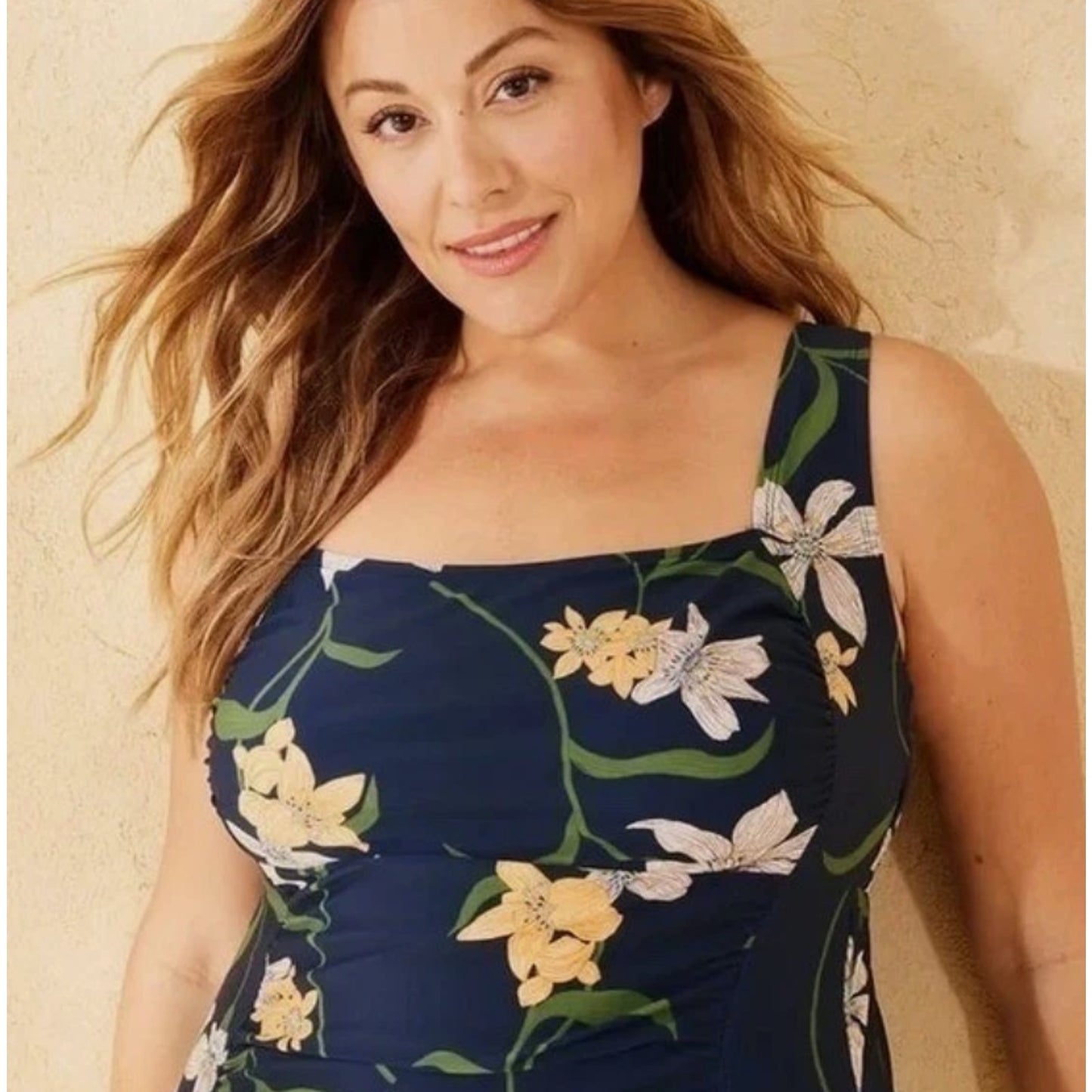 Shade & Shore Shirred Square Neck Tummy Control One Piece Blue Floral Size 22