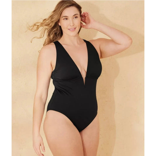 Women's Plunge Neck Tummy Control One Piece Swimsuit -Shade & Shore Size L 12-14