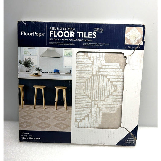 FloorPops Sullivan Peel & Stick Floor Tiles Cream 12" x 12" x .6" , 10 Tiles