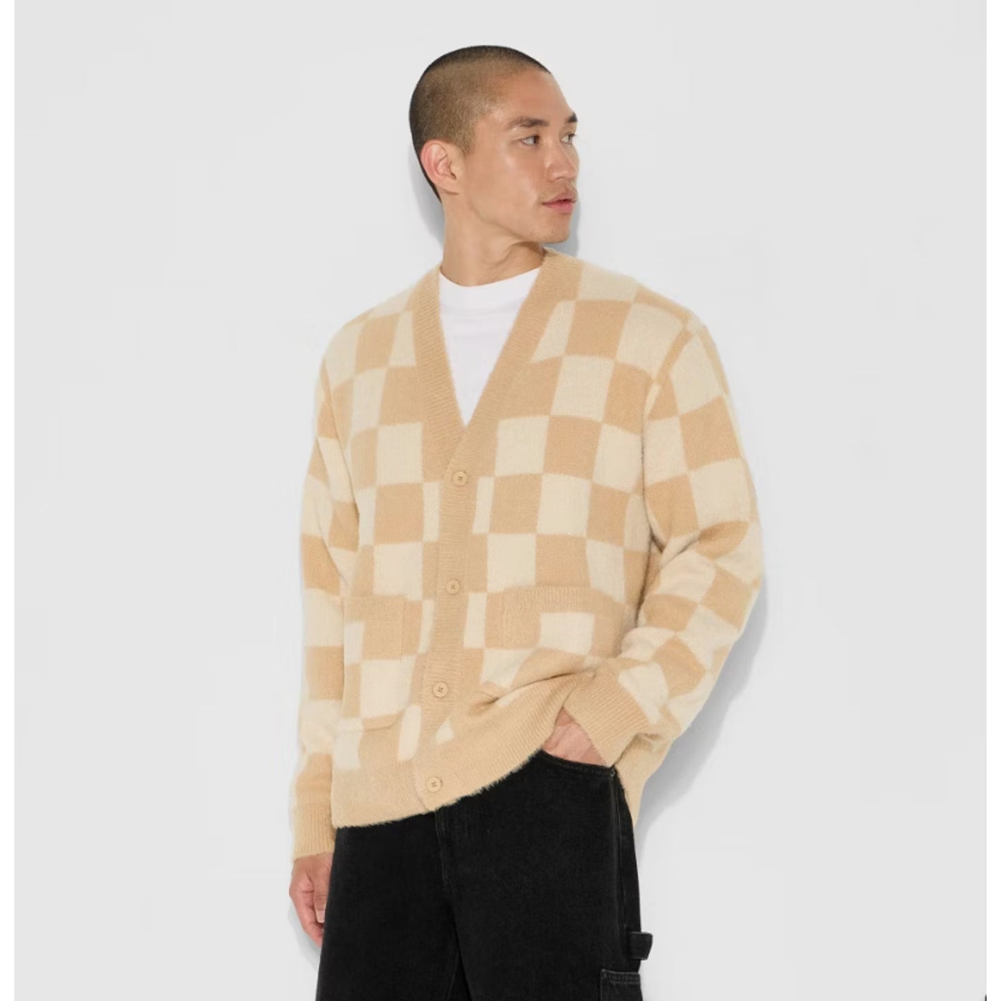 Men's Oversized Cardigan Sweater - Original Use in Cream Size Large