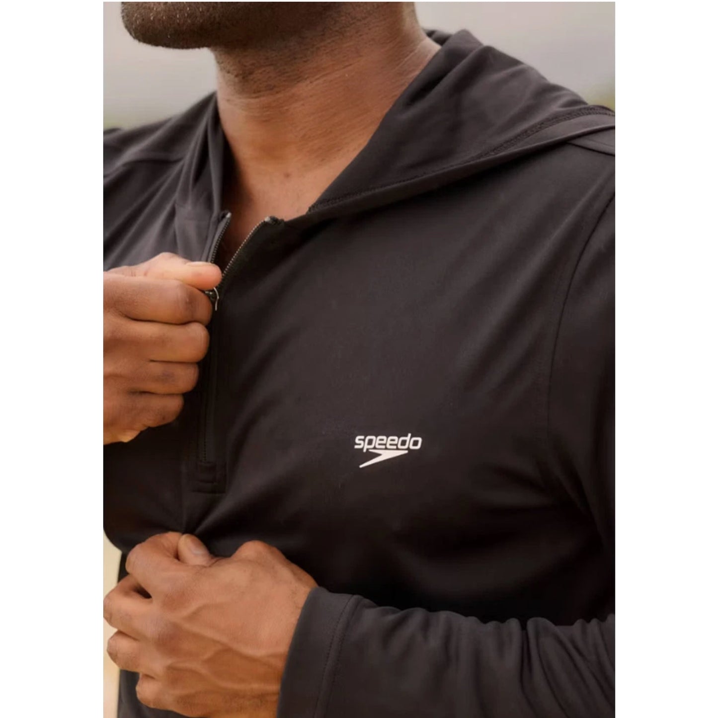 Speedo Half-Zip Hooded Rash Guard Swim Shirt - Black M