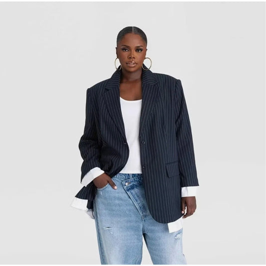 KBB by Kahlana The Shirt Blazer Navy Blue & White Striped 2 Button - 2X (20~22)