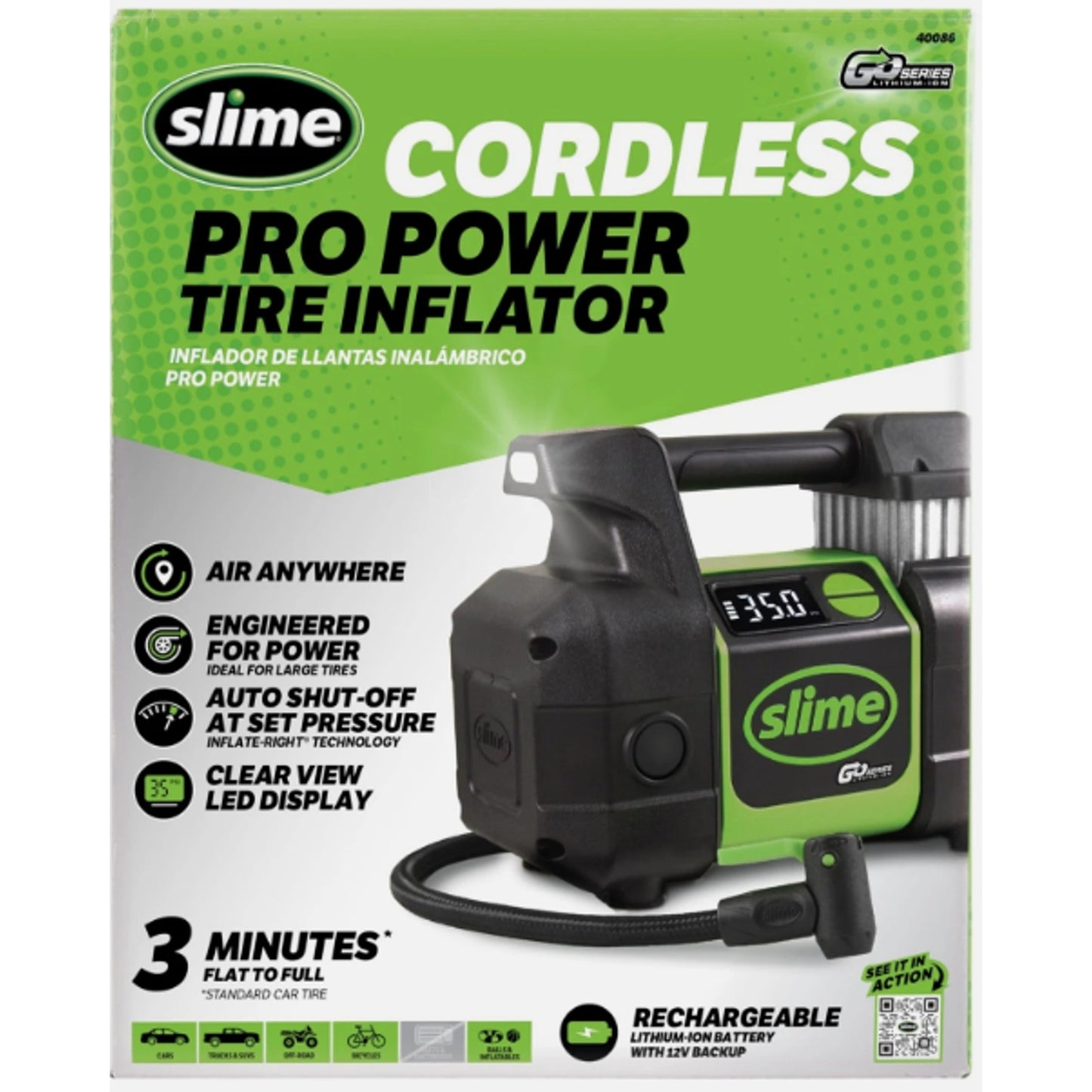 Slime 40086 Cordless Pro Power Tire Inflator Air Compressor Auto Shut-off