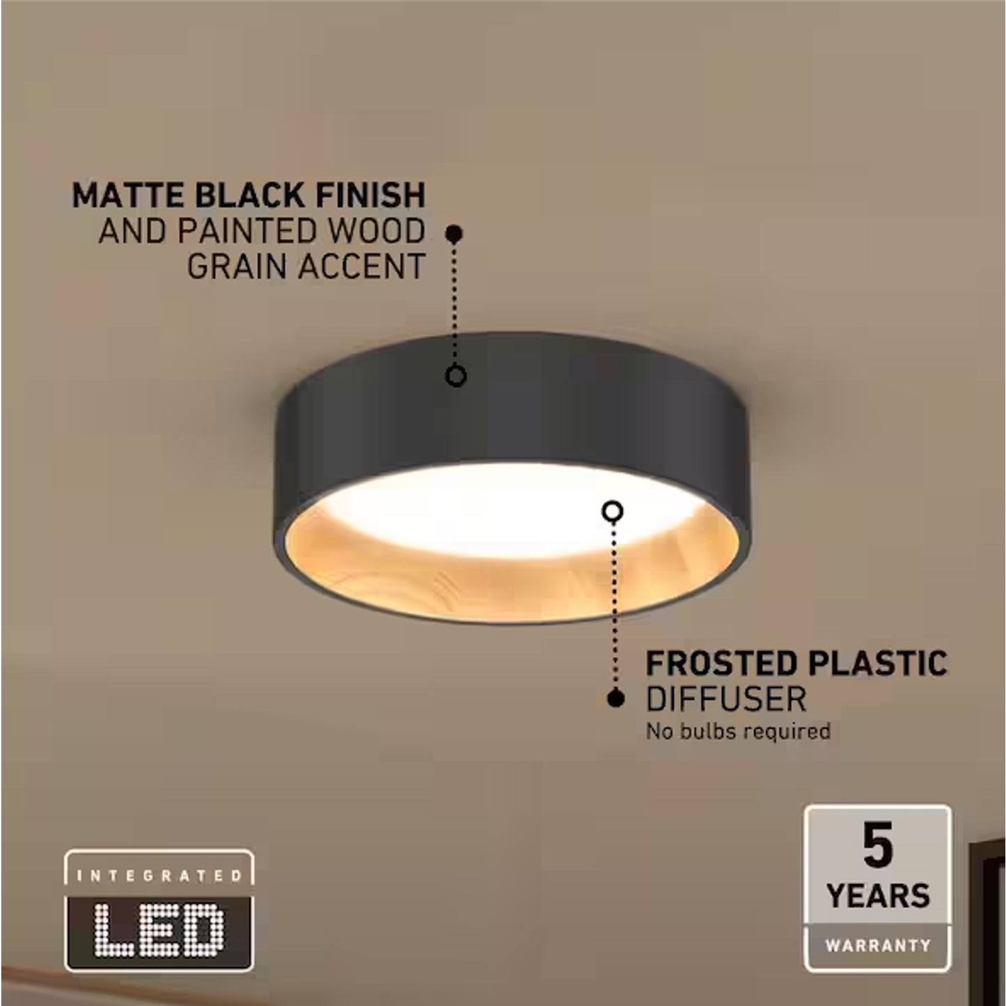 Artika Alton 13" 1-Light Modern Black & Wood LED 3 CCT Flush Mount Ceiling Light