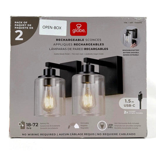Globe 2pk Wall Sconce Lights Battery Rechargeable with Black Base