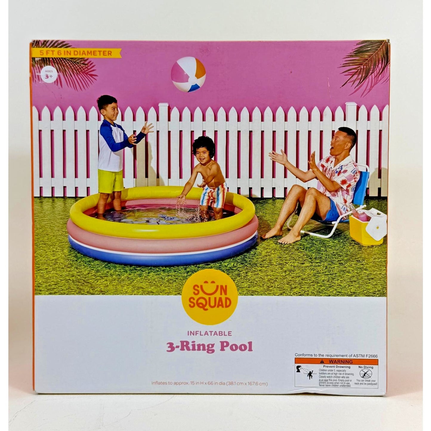 SUN SQUAD 10.63''X4.13''X 15' 3 RING 105GAL ROUND KIDDIE POOL - YELLOW/PINK/NAVY