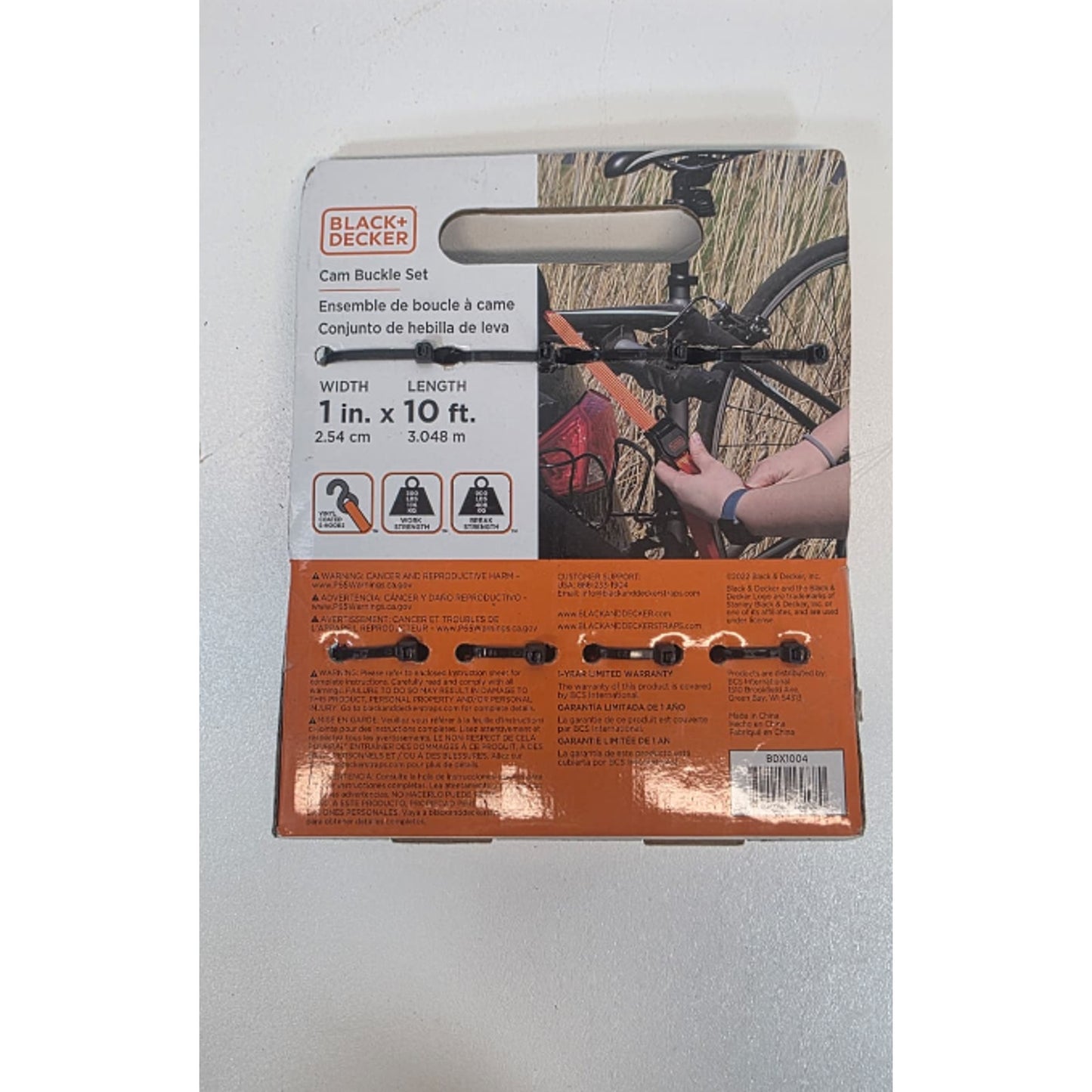(QTY 4) BLACK+DECKER BDX1004 Black/Orange 1" x 10' Cam-Buckle Tie Down Straps