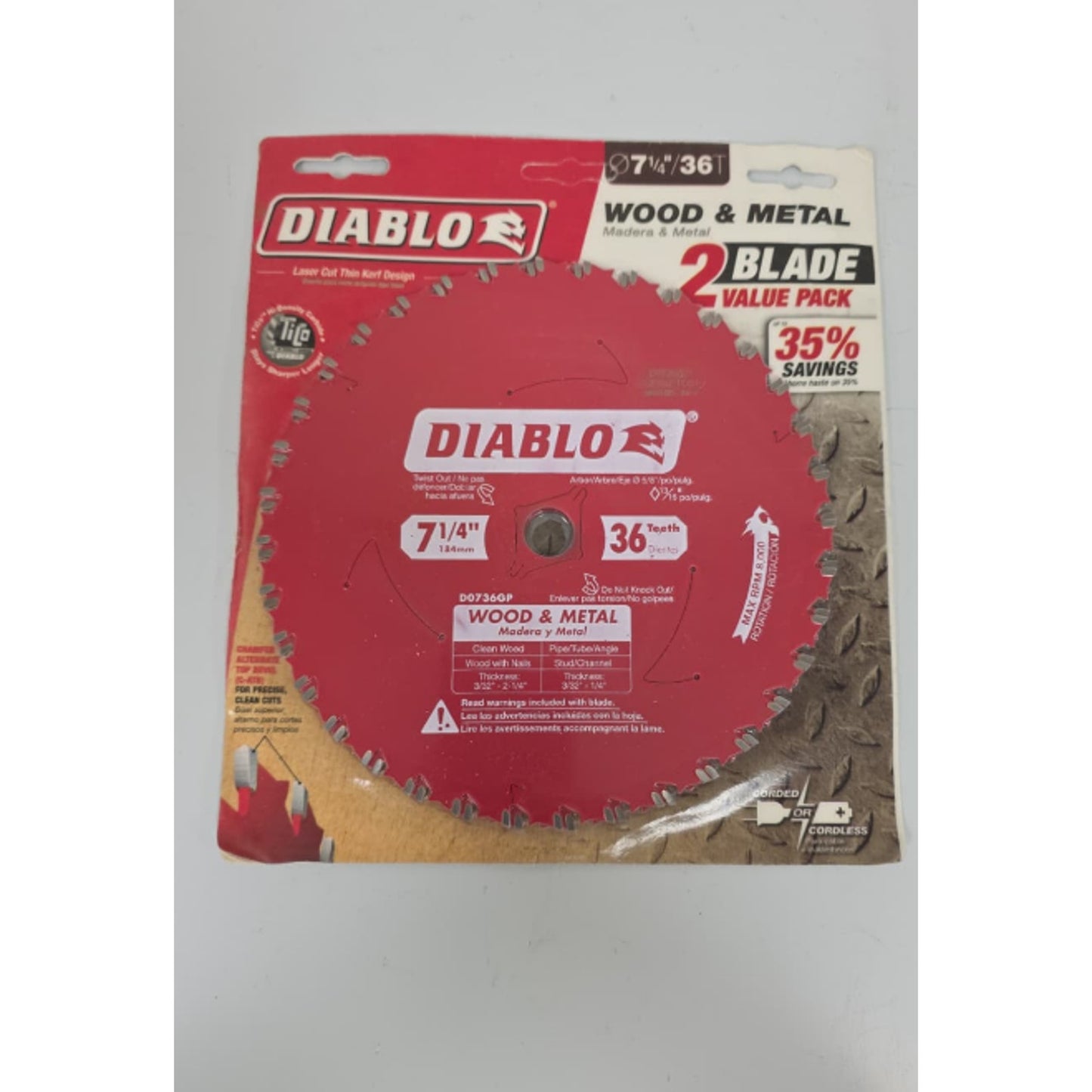 (2 Blade Pack) Diablo D0736GP 7-1/4” x 36T Carbide Circular Saw Blade Wood/Metal