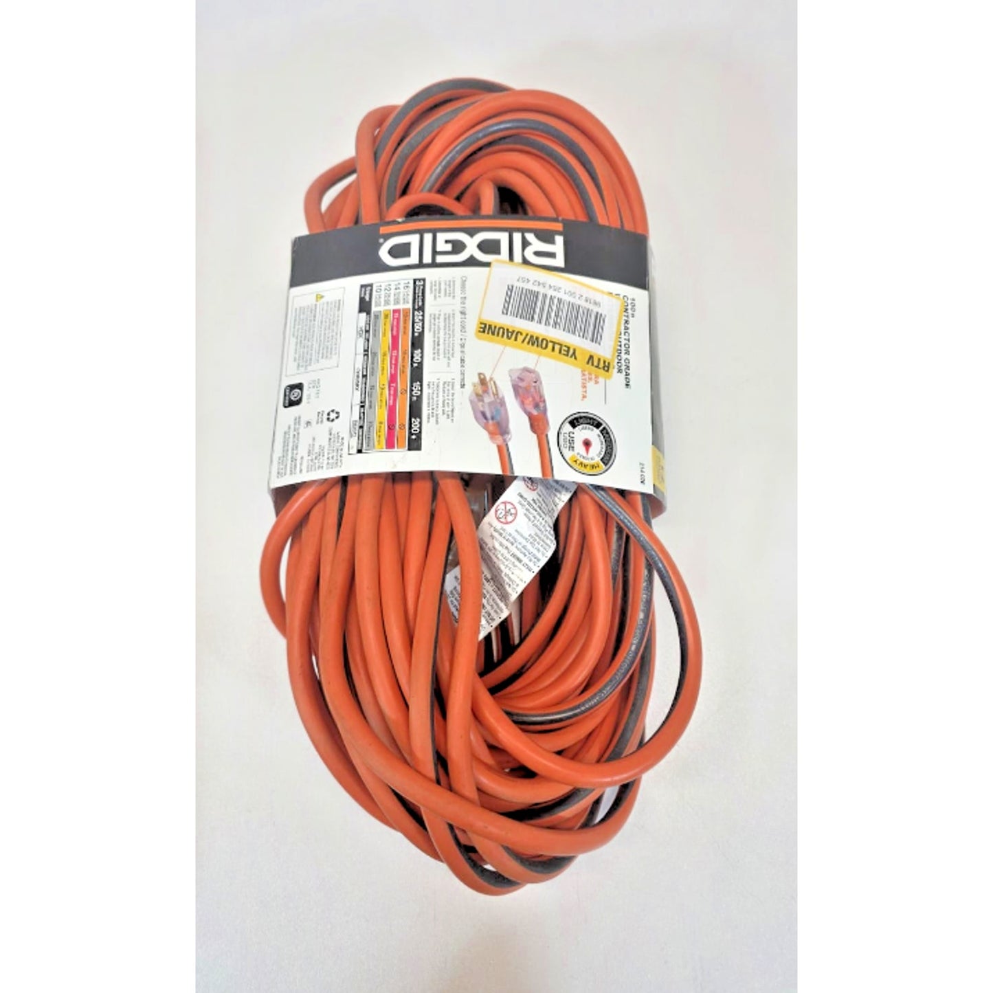 RIDGID Indoor/Outdoor Extension Cord 100' 12/3 Heavy Duty Lighted End Orange