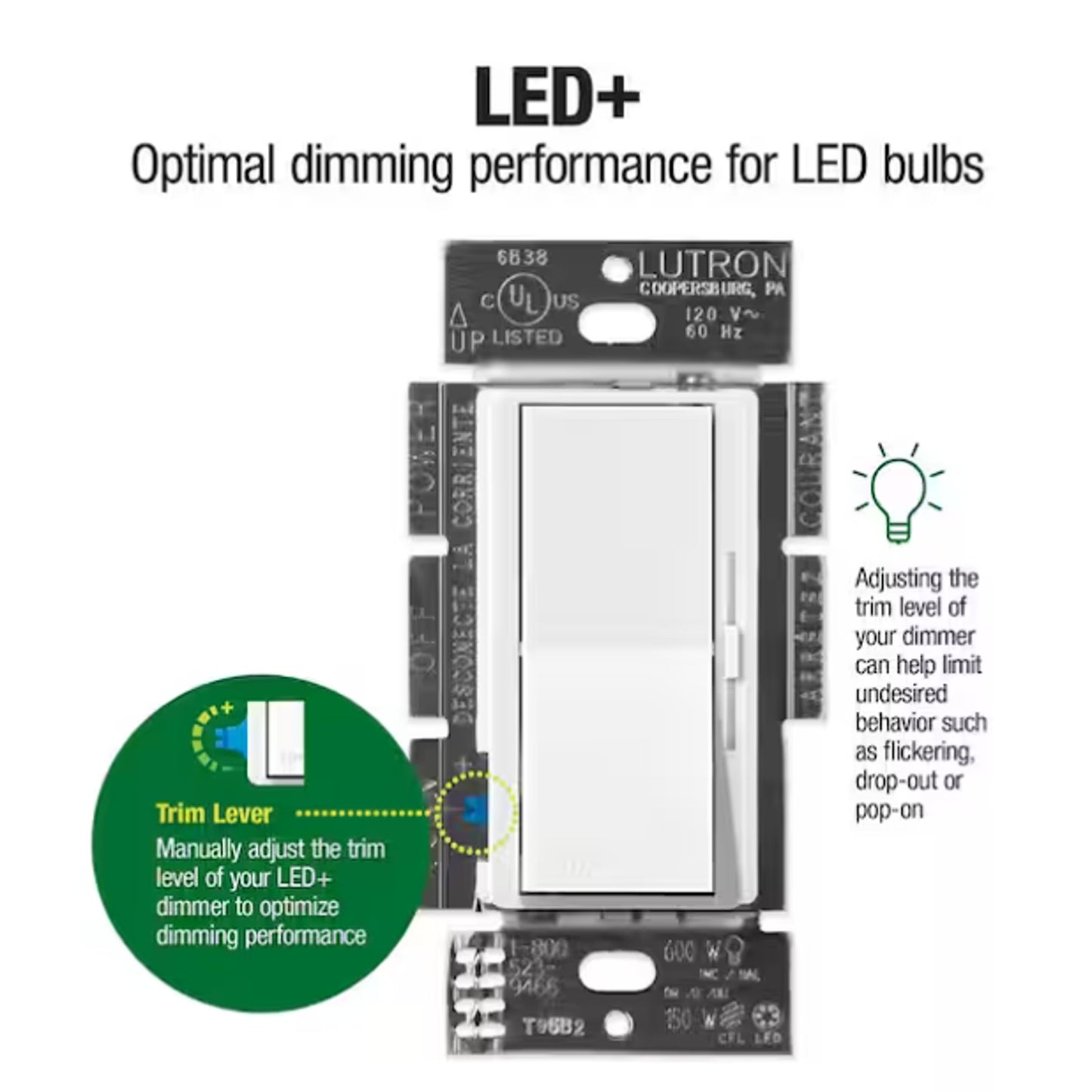 Lutron Diva LED+ Dimmer Switch DVCL-153PH-BL Single-Pole/3 Way - White