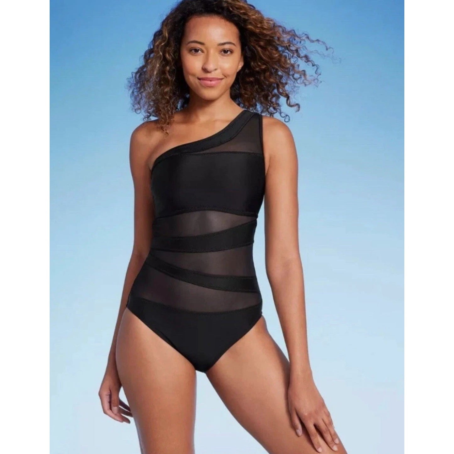 Women's Mesh Front Asymmetrical One Shoulder Swimsuit - Shade & Shore - M