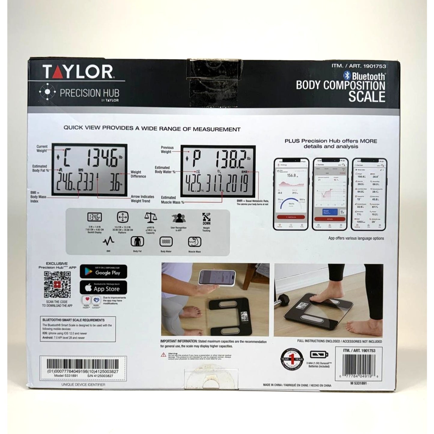 Taylor Smart Body Composition Scale with Precision Hub App. 440LB